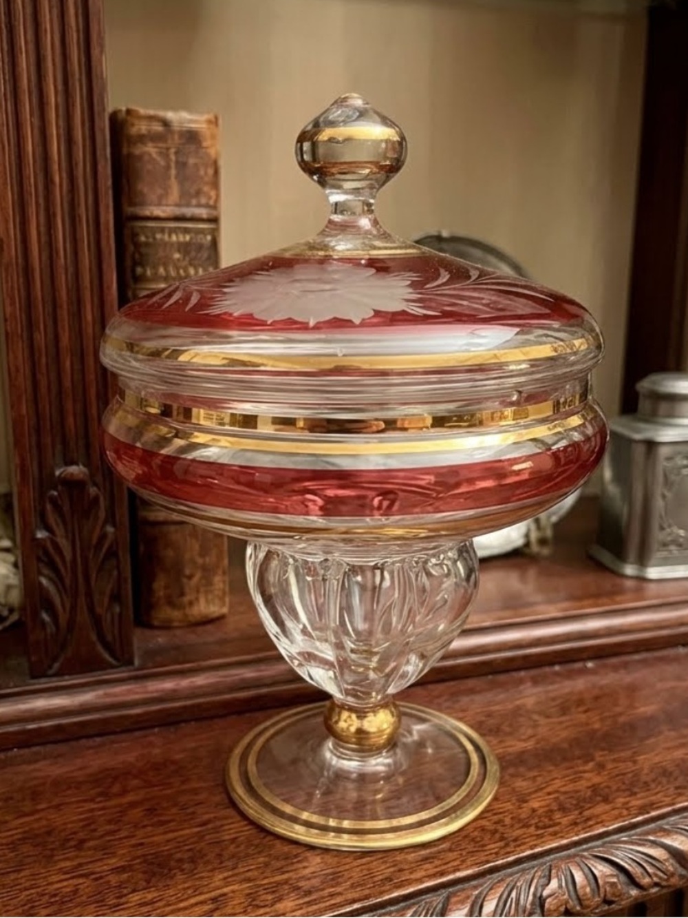 Vintage Bohemian Cranberry Glass Lidded Candy Dish | Ruby Red Footed Compote